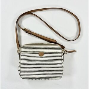 Fossil Sydney Double Zipper Crossbody Bag Black & White Striped Coated Canvas